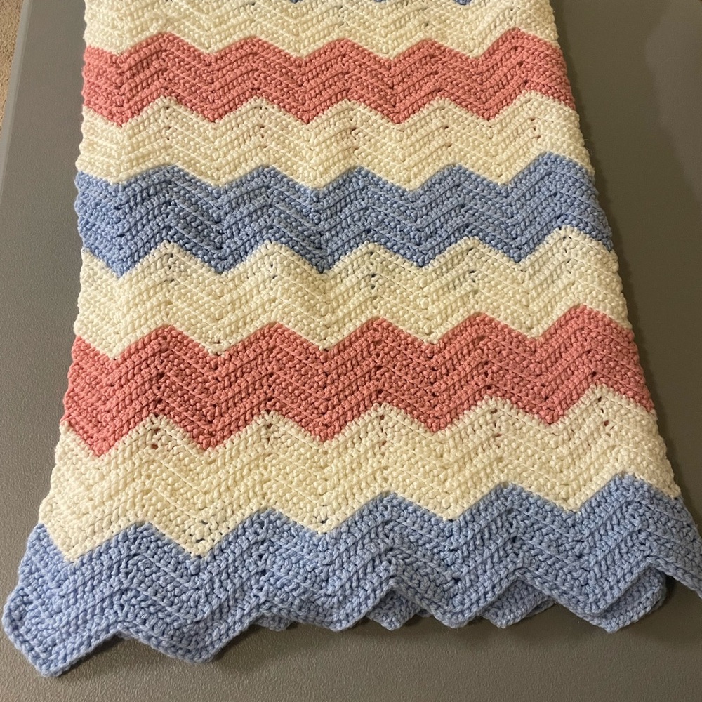 Chevron Knit Blanket in White, Blue, and Pink
